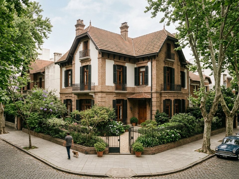 Casona con jardín al frente en una calle arbolada