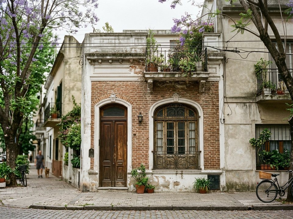 Casa de frente angosto sobre una calle de barrio