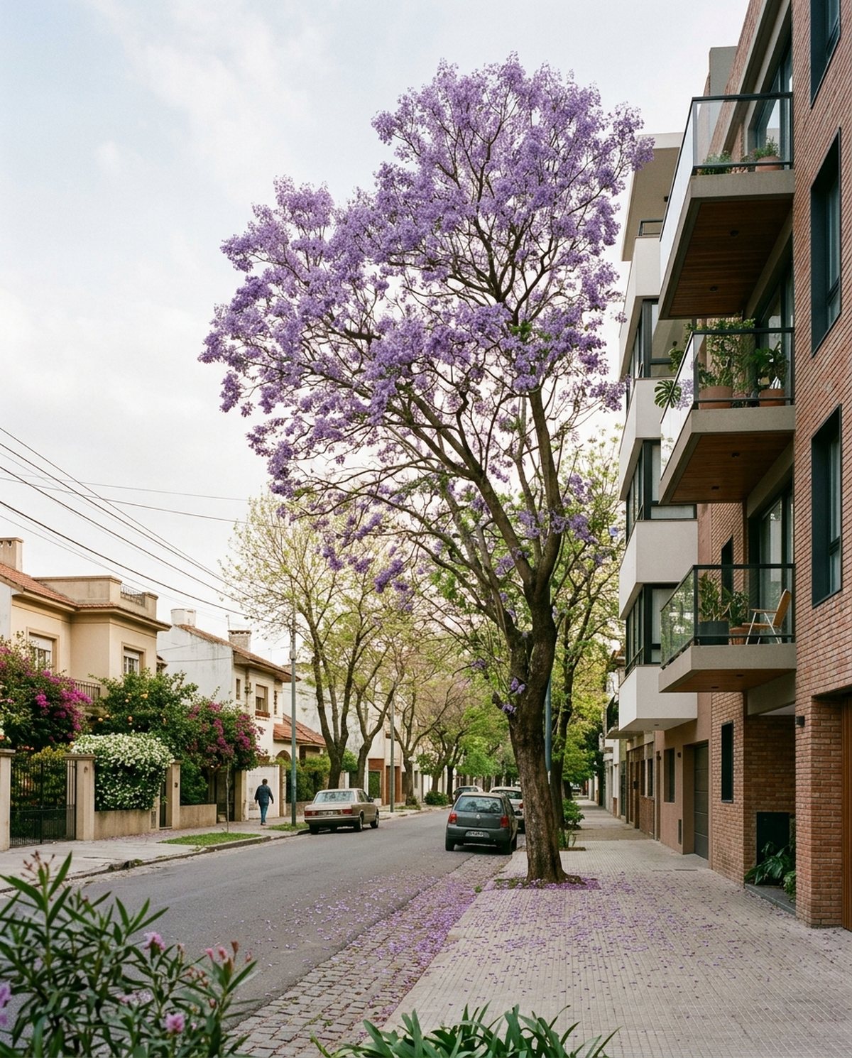 Calle arbolada de Villa Devoto con un jacarandá en flor y un edificio nuevo de cinco pisos